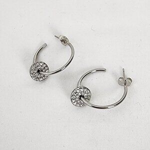 Danish Signed Dyrberg Kern Sterling Silver Hoop Earrings Pave Crystal Disc Drop